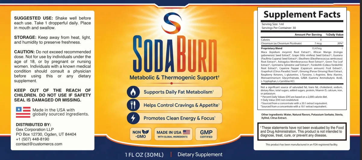 SodaBurn Supplement Facts label with directions and warnings