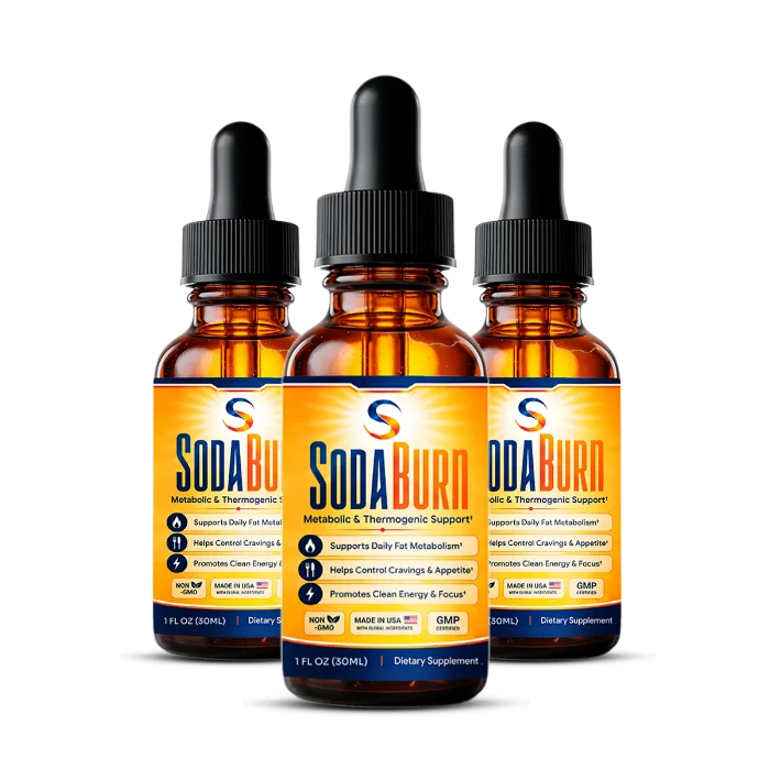 Three dropper bottles of SodaBurn liquid supplement